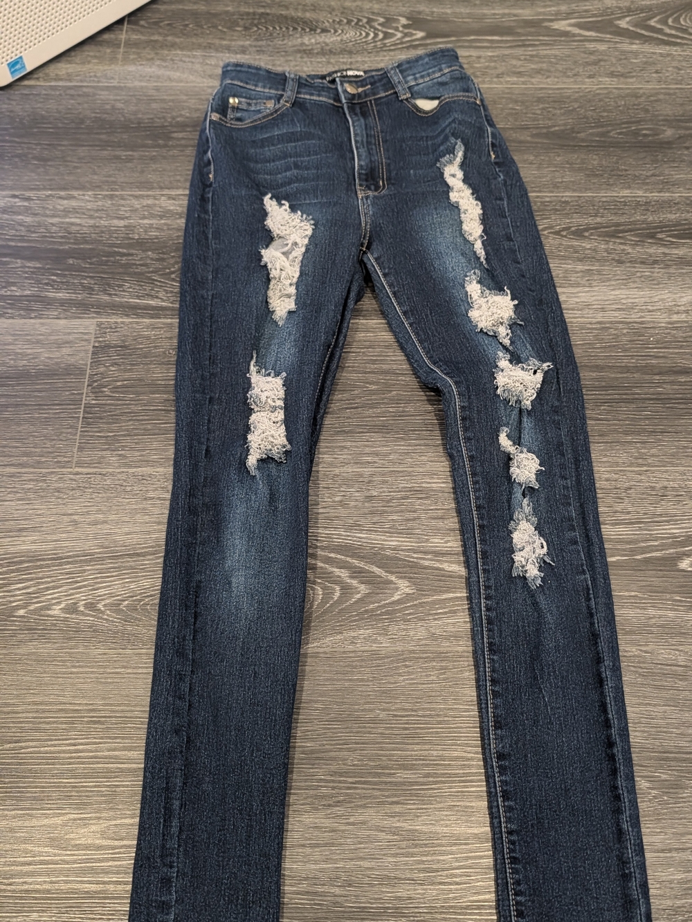 Fashion Nova Dark Blue Distressed Skinny Jeans